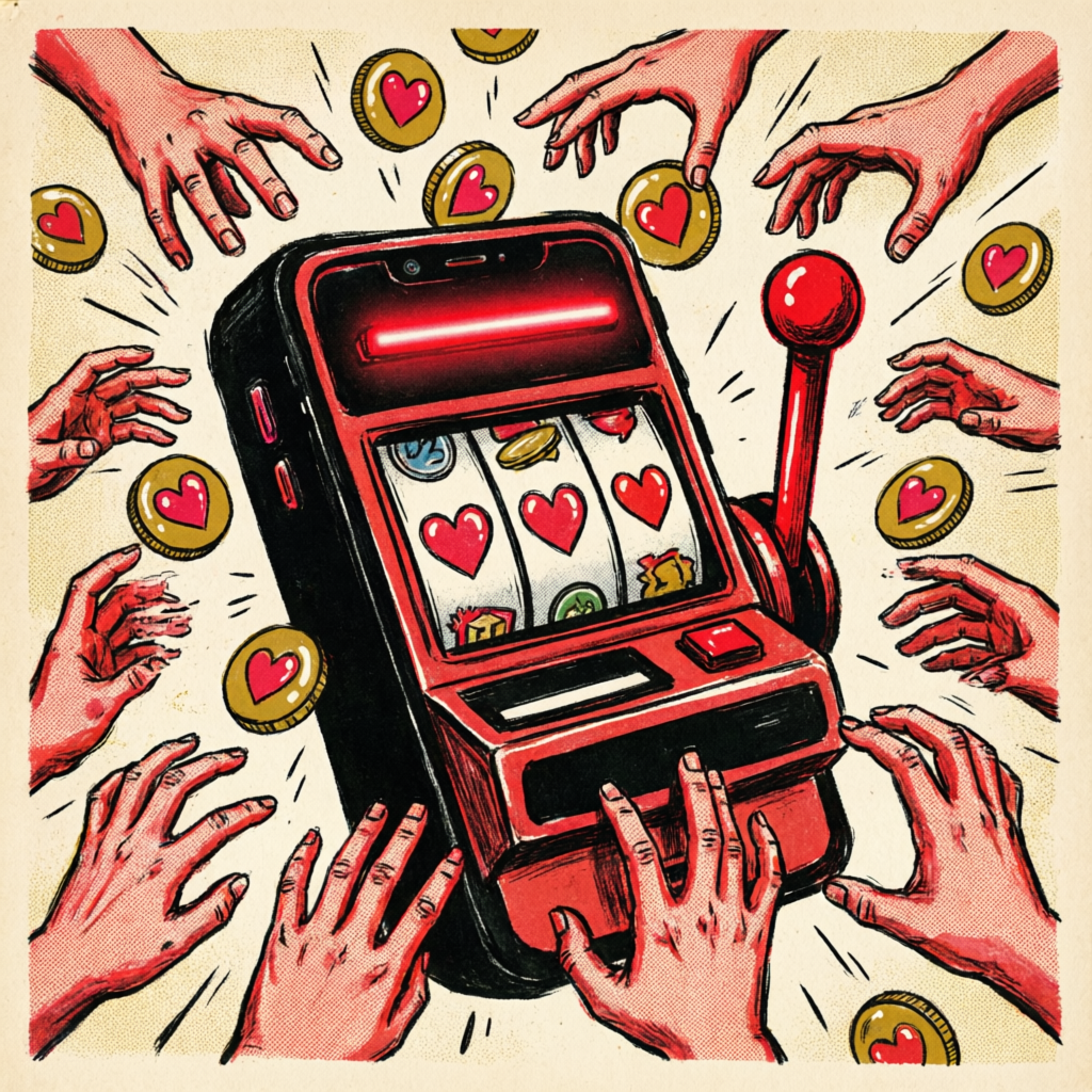 スロットマシンに変身した巨大スマホに、無数の手が伸びるポスター風イラスト