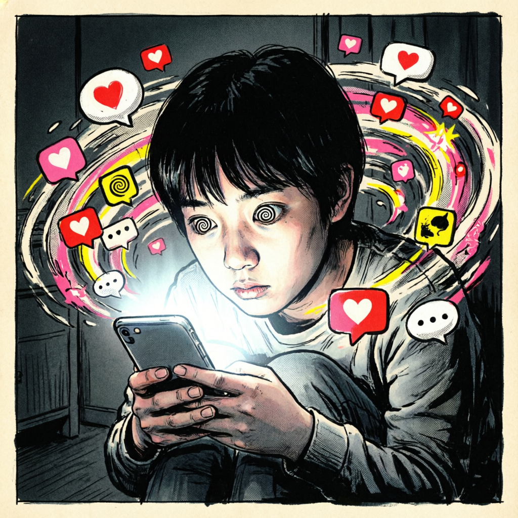 暗い部屋でスマホの光に照らされ、渦巻く通知と「いいね」に包まれる若者を描いたポスター風イラスト