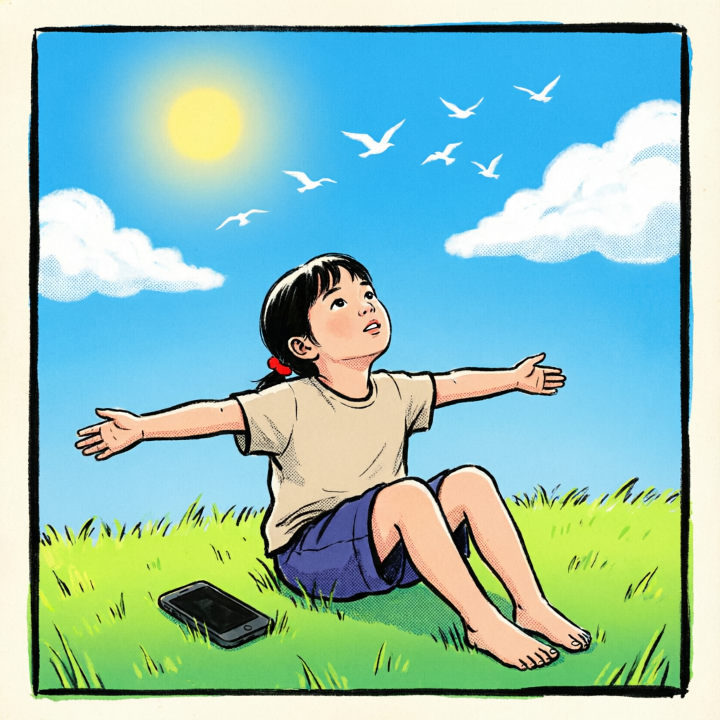 スマホを草の上に置き、空を見上げて腕を広げる子どものイラスト